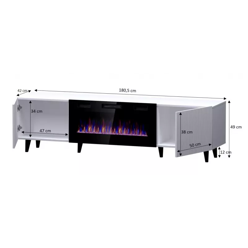 Spintelė televizoriui Cama Meble PAFOS EF su elektriniu židiniu 180×42×49 cm, balta matinė