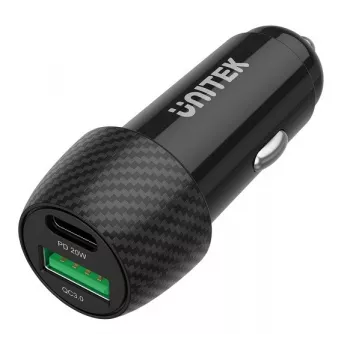 Automobilinis kroviklis Unitek P1400A su USB-C ir USB-A, 38 W, Quick Charge 3.0, įėjimas 12–24 V, juodas