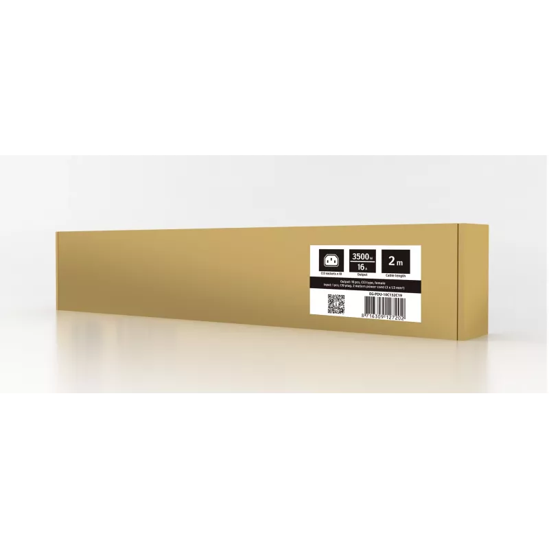 GEMBIRD EG-PDU-10C132C19 – 10x C13 lizdų, 1U stovo, 16 A C19 įvadas, 2 m laidas, 3500 W