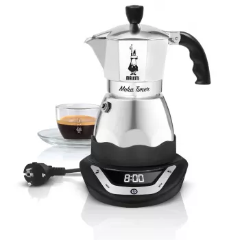 Elektrinis mokos kavos virimo aparatas BIALETTI Moka Timer 3 puodeliams, programuojamas LED ekranas, aliuminio korpusas, ąsotinis rezervuaras