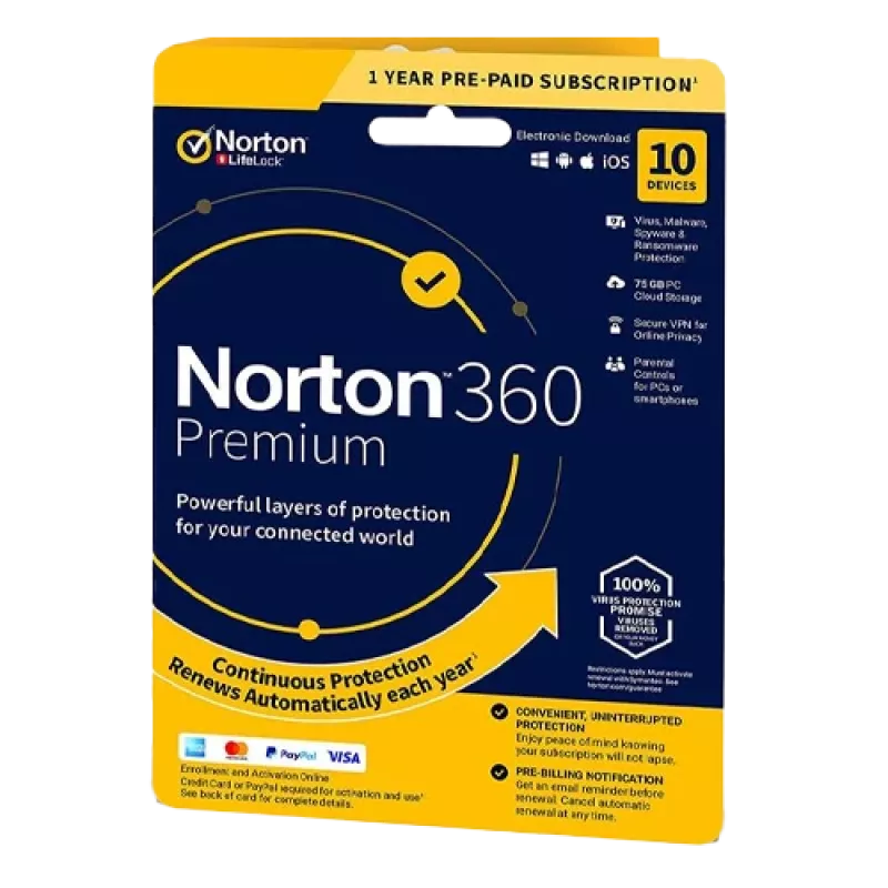Norton 360 Premium | 10 įrenginių | 1 metai | 75 GB debesies saugykla | EU | NE prenumerata