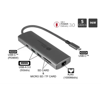 Alcasa HUB-C001A USB Type-C sąsajos šakotuvas 5000 Mbit/s Antracitas