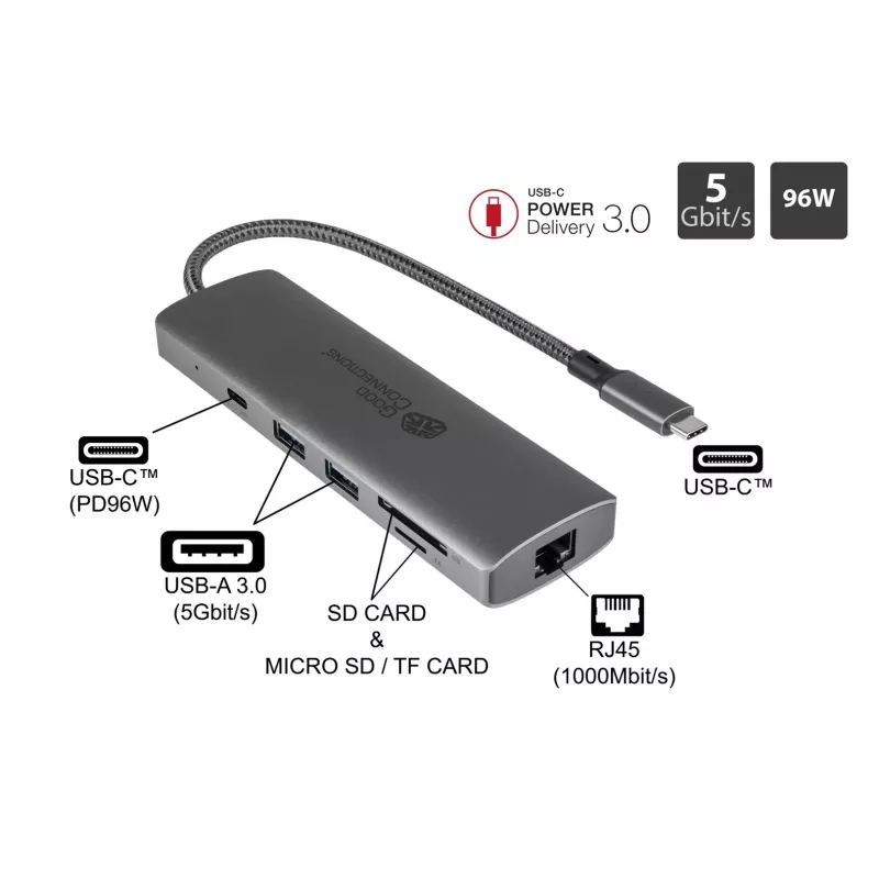 Alcasa HUB-C001A USB Type-C sąsajos šakotuvas 5000 Mbit/s Antracitas