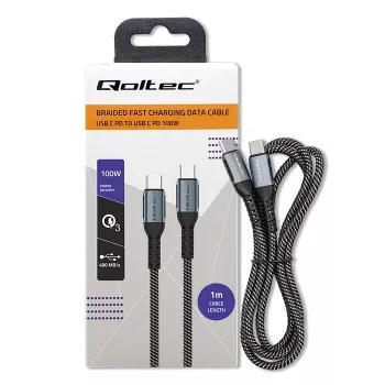 Qoltec USB 2.0 laidas, C tipo – C tipo, 100W, QC 3.0, PD, 1m, juodas