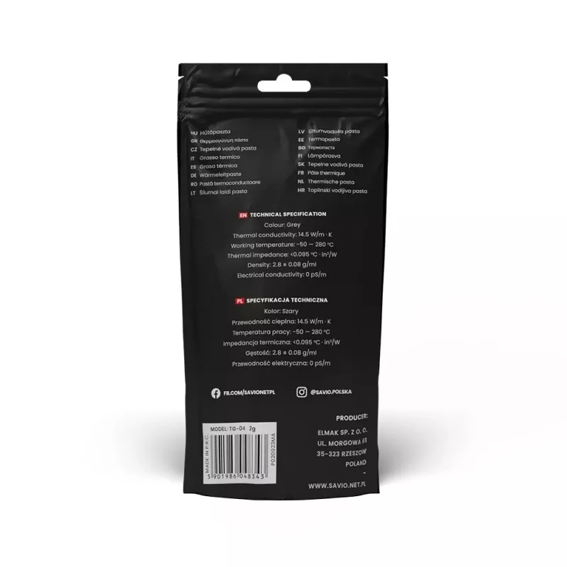 Termopasta SAVIO TG-04 2g – aukšto našumo šiluminė pasta CPU/GPU, tankis 2,81 g/cm³, pilka