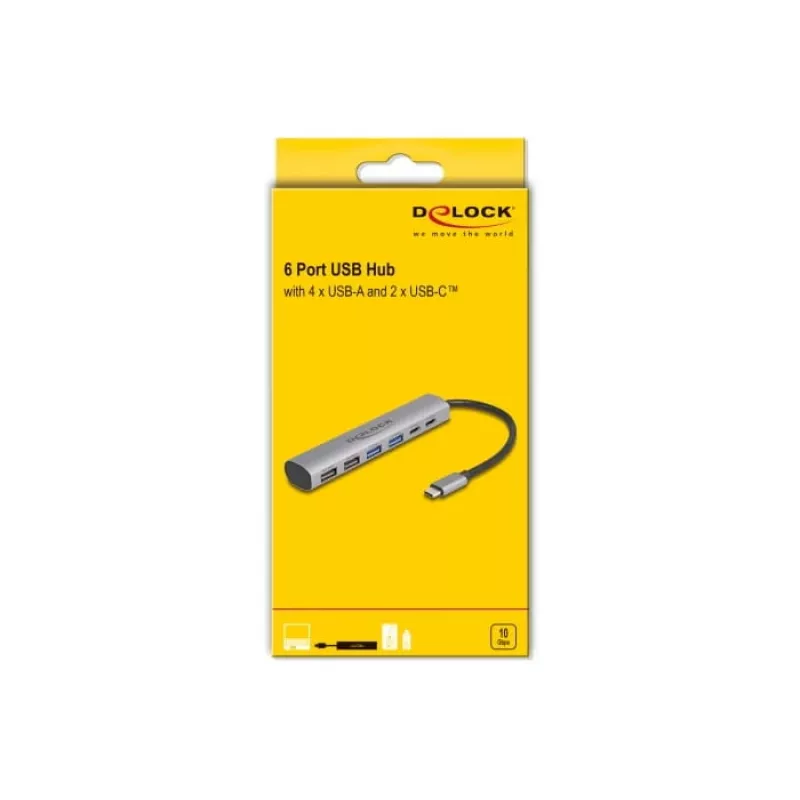 DeLOCK 64232 USB 3.2 Gen 1 stotelė, 4× USB-A, 2× USB-C, pilka