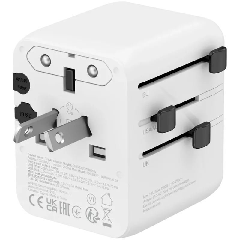 CANYON kelioninis adapteris OnTour 20 EU/UK/US/AUS 20W baltas