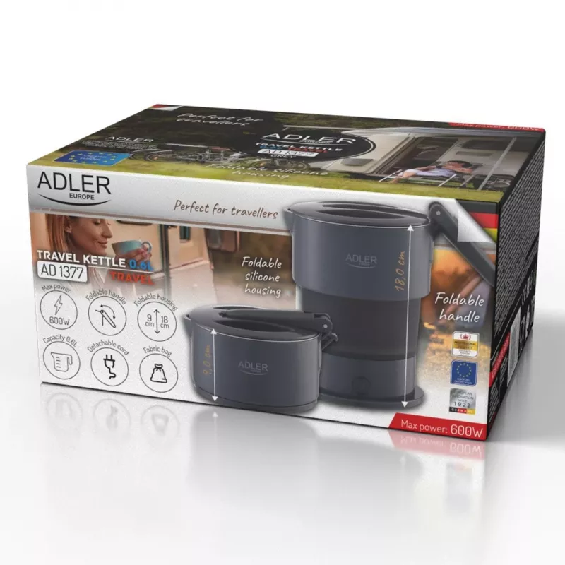 Elektrinis virdulys Adler AD 1377G, 0,6 l, 600 W, pilkas, plastikas/silikonas/nerūdijantis plienas
