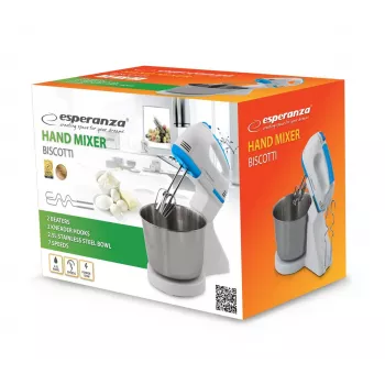 Stacionarus maišytuvas ESPERANZA EKM019WB — 150 W, 2,5 L dubuo, 7 greičių, tešlos kabliukai, dvigubas plaktuvas, baltas