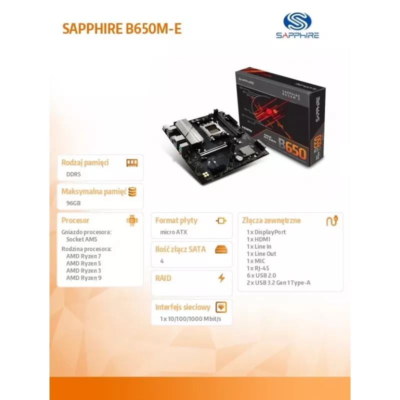 Motininė plokštė Sapphire B650M-E (AMD B650) micro ATX, lizdas AM5, DDR5, 2x DIMM, 96GB, 2x M.2 (PCIe5/4), 4x SATA III, 2.5Gb LAN