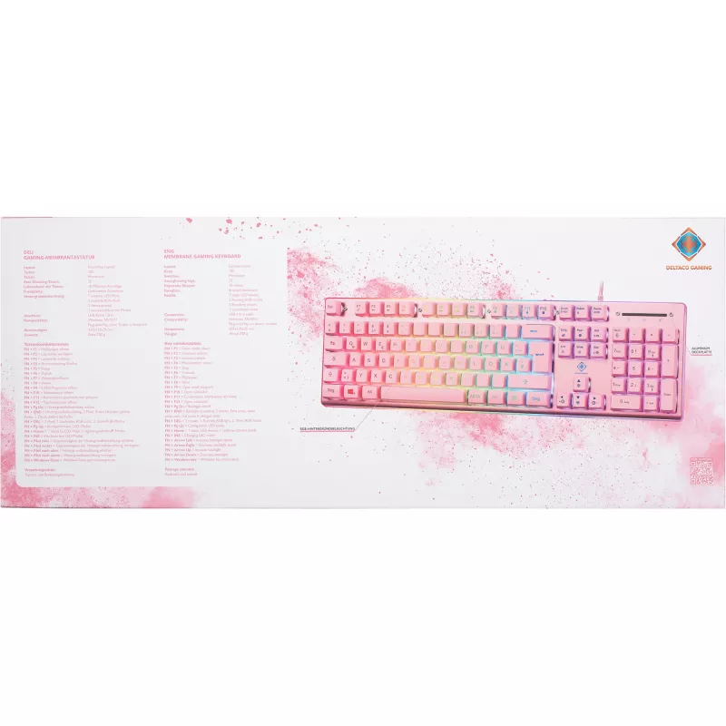 Deltaco GAM-021-RGB-P-DE - pilno dydžio (100%) klaviatūra - USB - membraniniai klavišai - QWERTZ - rožinė