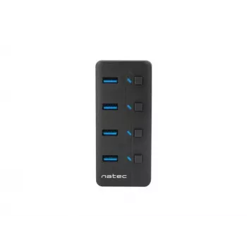 USB šakotuvas NATEC MANTIS USB 2.0 Type-B – 4x USB 3.2 Gen 1 Type-A prievadai, juodas, 0,8 m laidas, maitinimo adapteris, maitinimo jungiklis