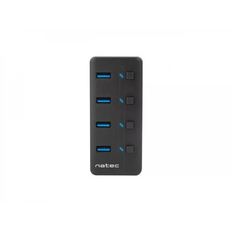 Natec Mantis 2 NHU-1557 USB 3.0 skirstytuvas 4 prievadų, USB Type-B įvestis, įjungimo/išjungimo mygtukai, maitinimo blokas, juodas