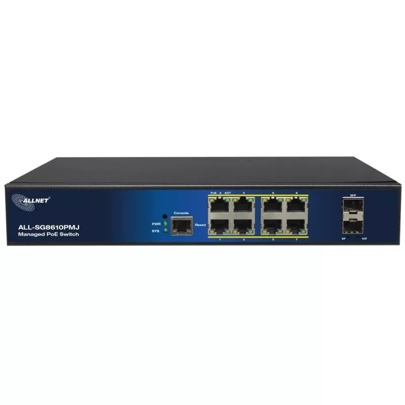 Valdomas 10 prievadų PoE komutatorius ALLNET ALL-SG8610PMJ su 8 PoE+ prievadais ir 2 magistraliniais prievadais
