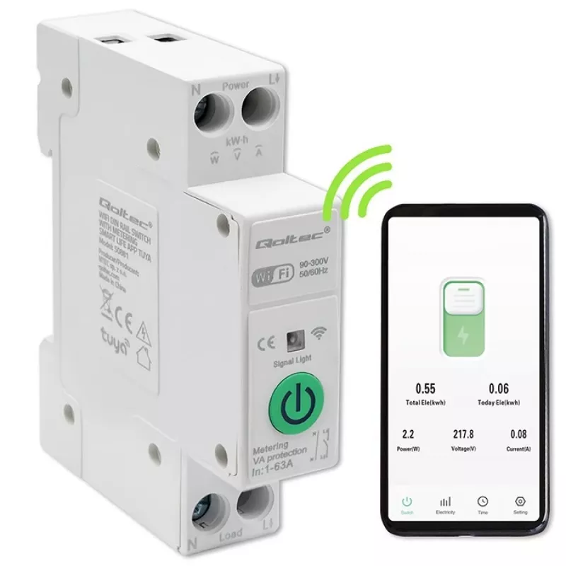 DIN-bėgio WiFi relė QOLTEC 50881 – tinklo perjungimo relė 63A elektros instaliacijai