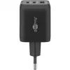 USB-C greitas įkroviklis Nano, PD, GaN, 65 W, USB-C pintas laidas (juodas, 1x USB-A, 2x USB-C PD, Quick Charge 3.0, 1 m laidas)