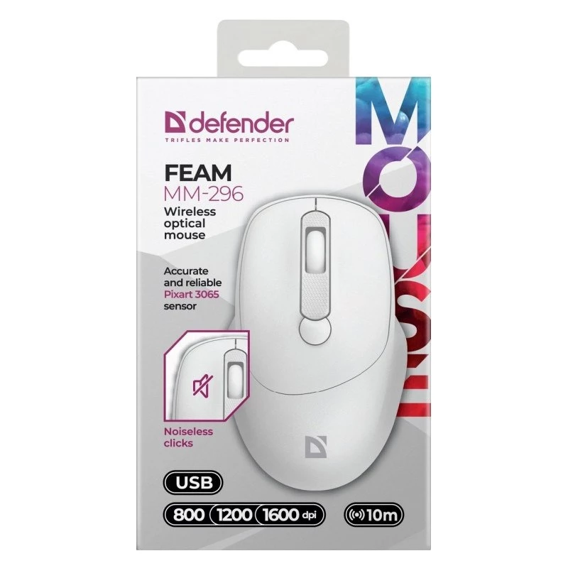 Defender Feam MM-296 52297 belaidė kompiuterio pelė, tylūs paspaudimai, optinė, 1600 DPI, USB, balta