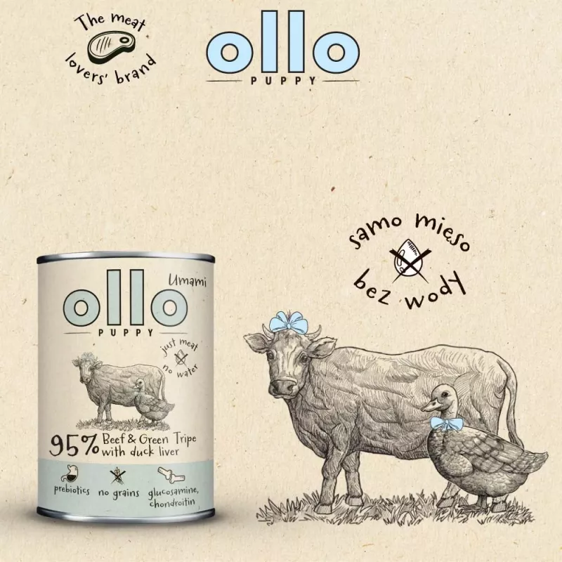 OLLO Puppy Umami jautiena su žaliuoju prieskrandžiu ir antienos kepenėlėmis - šlapi šunų ėdalas - 400g