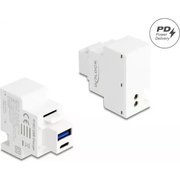 DELOCK Keystone modulis su USB Type-A ir USB Type-C PD 20 W įkrovimo lizdu, baltas