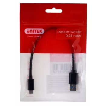 USB-C į USB-A laidas Unitek Y-C490BK 3.1 Gen1 (USB 3.0), 0,25 m, juodas, kištukas-kištukas