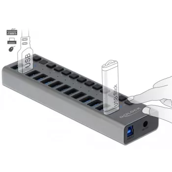 DeLOCK išorinis USB 5 Gbps šakotuvas su 13 prievadų ir jungikliais, USB 3.2 Gen 1 (3.1 Gen 1) Type-B, USB 3.2 Gen 1 (3.1 Gen 1) Type-A, 5000 Mbit/s, pilka, aliuminis, 1 m