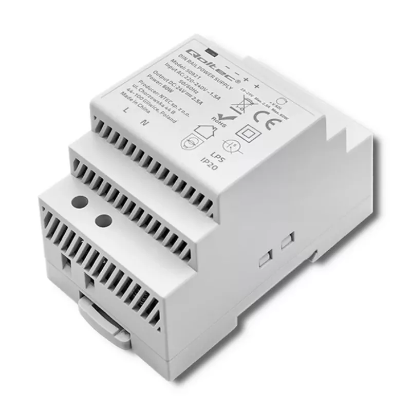 Maitinimo šaltinis DIN bėgiui QOLTEC 24V 2.5A 60W pilkas