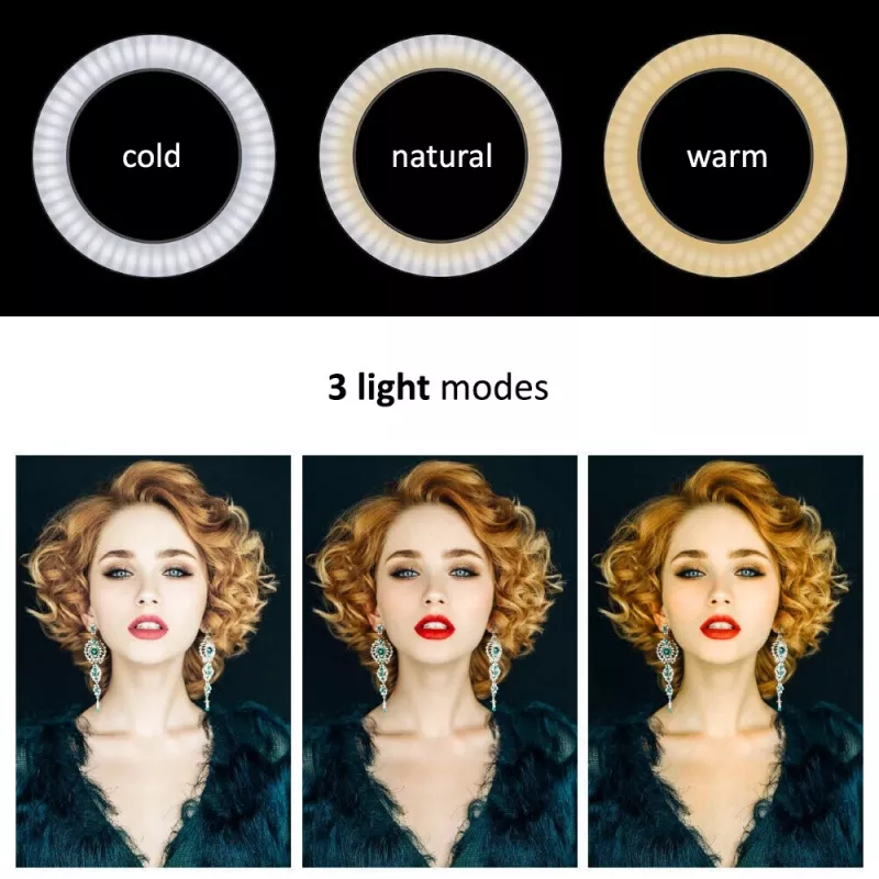 Maclean MCE610 10 colių 12W LED žiedinė šviesa su trikoju ir Bluetooth nuotolinio valdymo pulteliu, 3 spalvų temperatūros, 10 ryškumo lygių (10–100%), 160 LED, išmaniojo telefono laikiklis