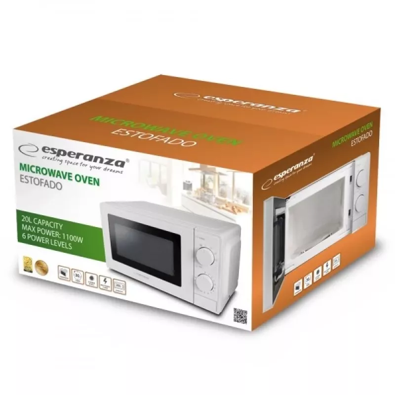 Solo mikrobangų krosnelė ESPERANZA ESTOFADO – 700 W, 20 L, 5 galios lygiai, 24,5 cm sukamas padėklas, balta
