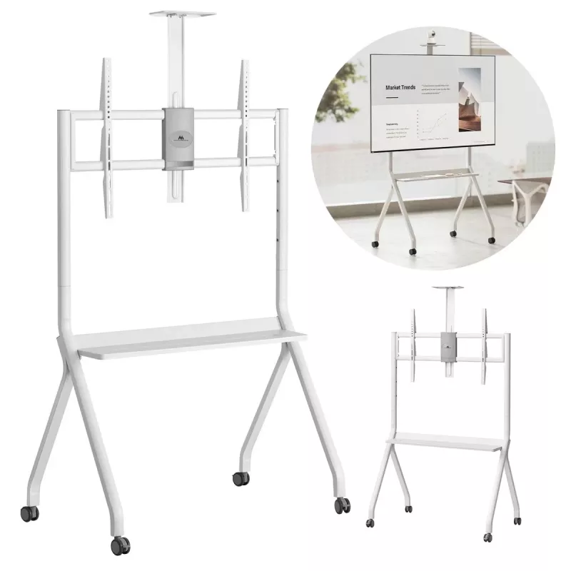 Grindinis stovas televizoriui MACLEAN MC-114 W, 55–100 colių, baltas, VESA iki 900x600, maks. apkrova 120 kg, aukštis 115–152 cm, lentyna