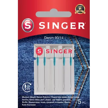 SINGER adatos Denim 90/14, pakuotė 5 vnt. — sunkiems audiniams (džinsas, brezentas)