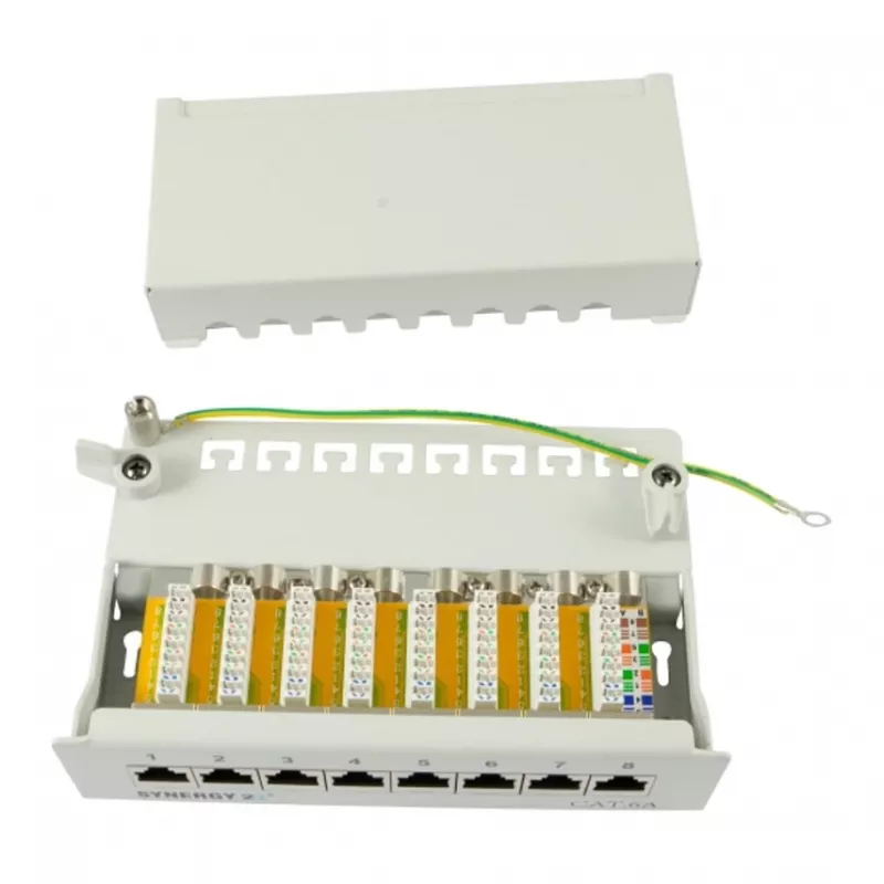 Patch panel 8xTP, CAT6A, 500 MHz, paviršinis montavimas, šviesiai pilka, Syner (S216314)