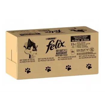 Šlapias kačių ėdalas Purina Felix aukštas baltymų kiekis 100 g pakelis – žuvis ir vištiena, suaugusioms katėms, pakuotė po 120 vnt.