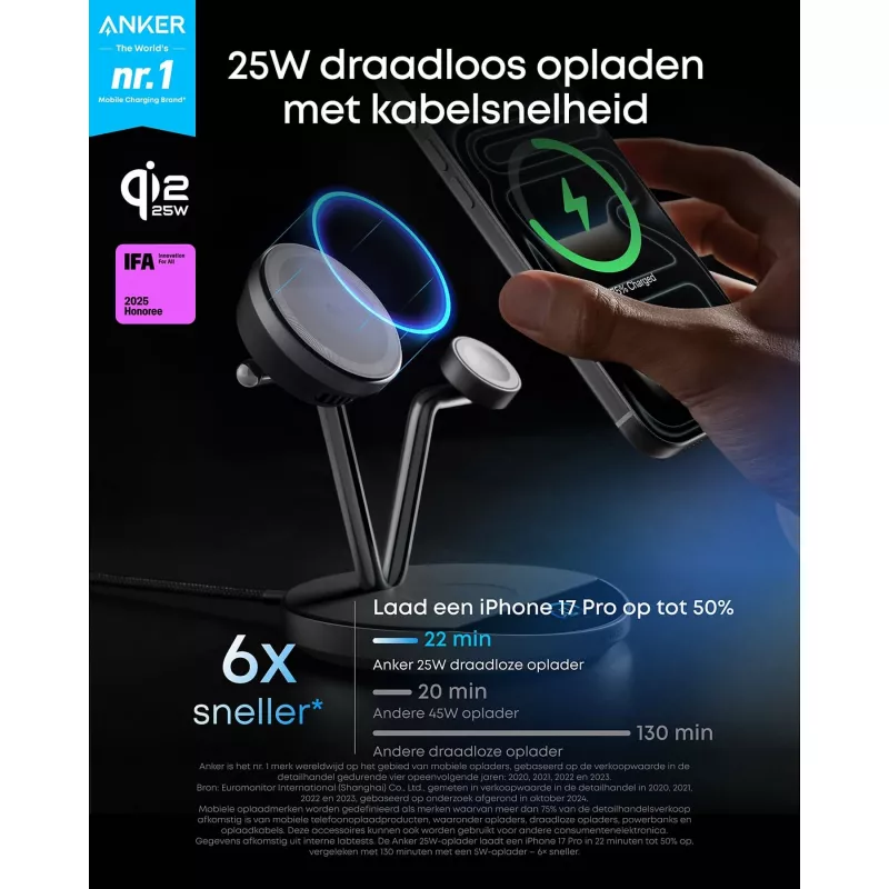 Anker Prime belaidė įkrovimo stotelė Qi2.2 25W (3-in-1, MagGo, AirCool, Dock Stand) su maitinimo bloku