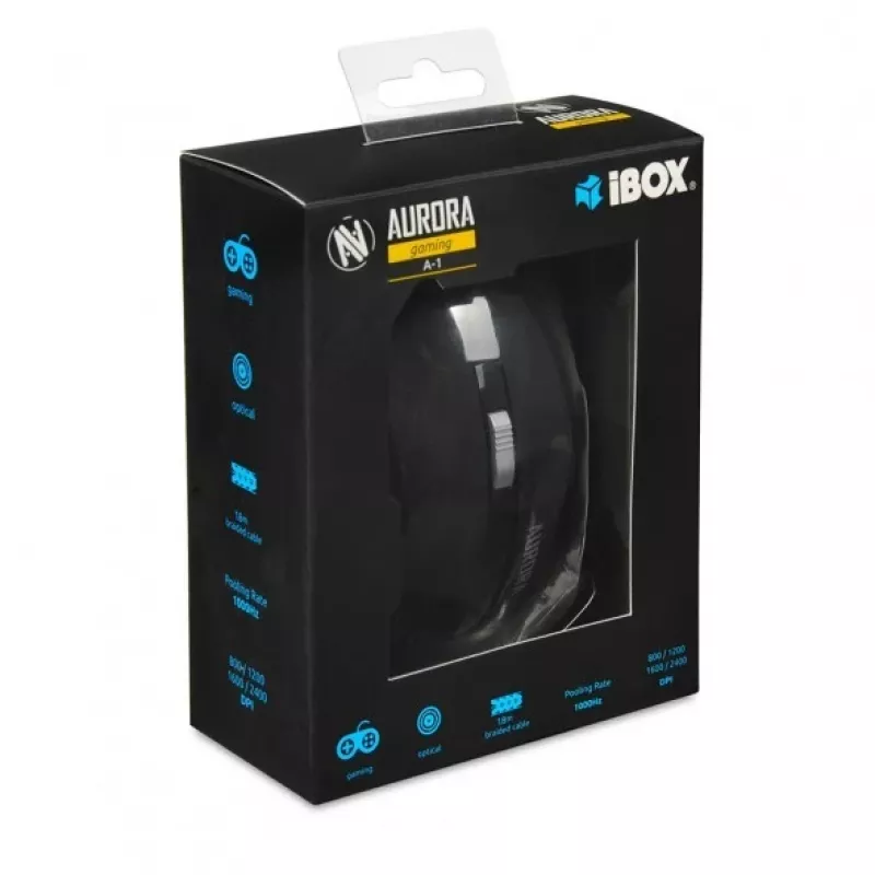 Laidinė optinė pelė IBOX Aurora A-1 – dešinei rankai, 6 mygtukai, 2400 DPI, USB Type-A, LED apšvietimas, 1,8 m laidas