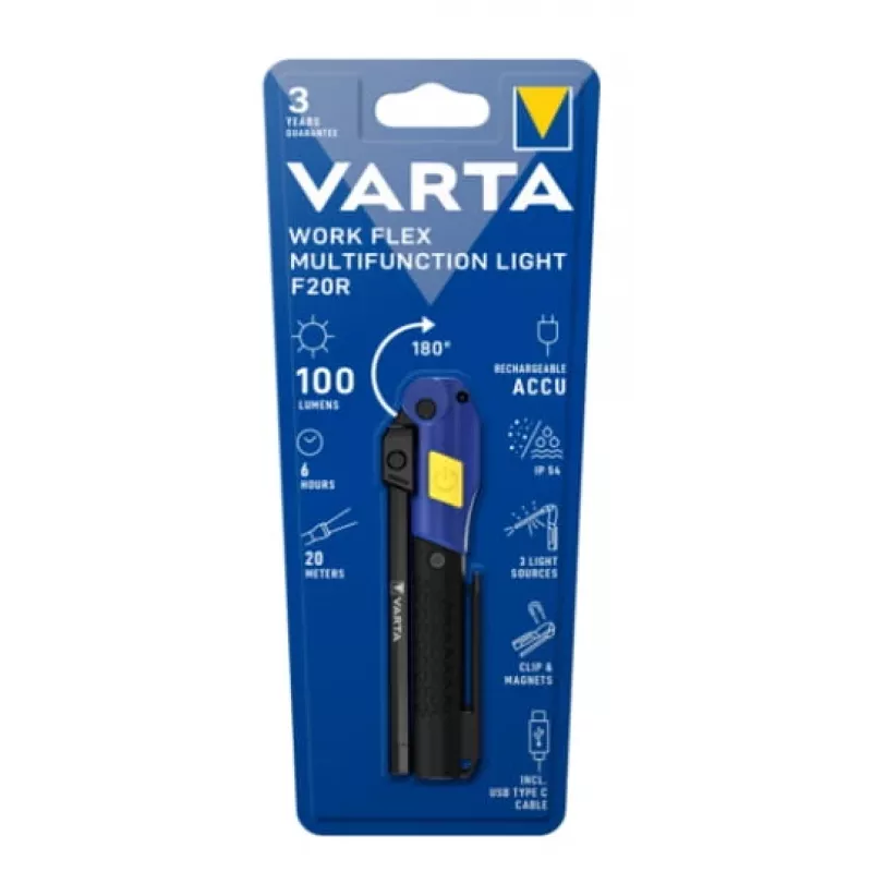 Nešiojamas darbinis žibintas Varta Work Flex Black LED, 100 lm, įmontuota baterija, 6 h, aliuminis/nailonas/PC/guma, 120 mm