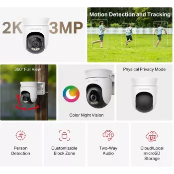 IP stebėjimo kamera MERCUSYS MC510 kupolinė 2 MP, 2304×1296, 30 kadrų/s, Wi‑Fi ir Ethernet, IR naktinis matymas, lubų montavimas, balta
