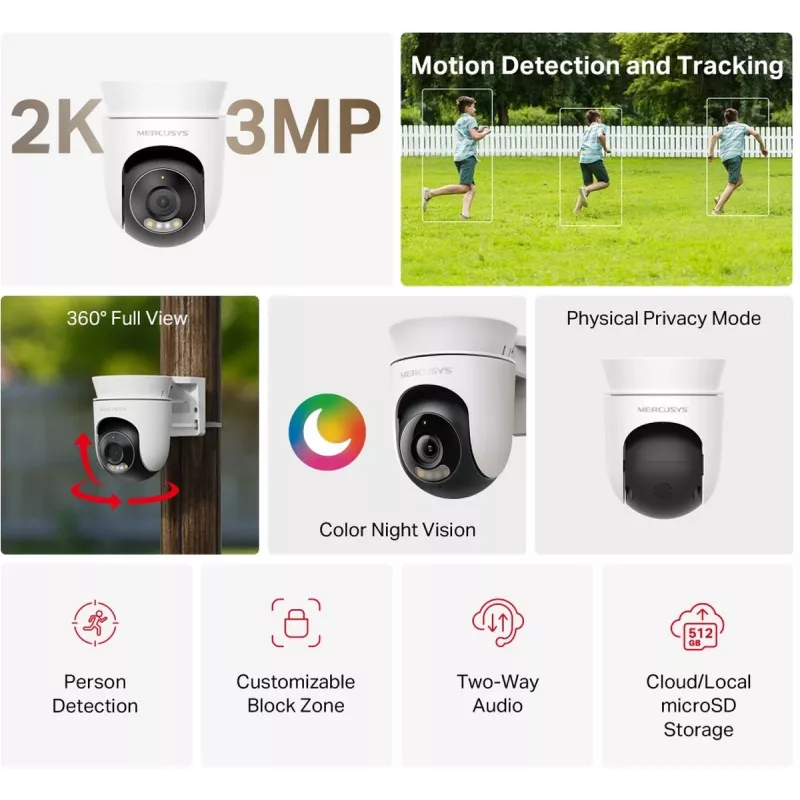 IP stebėjimo kamera MERCUSYS MC510 kupolinė 2 MP, 2304×1296, 30 kadrų/s, Wi‑Fi ir Ethernet, IR naktinis matymas, lubų montavimas, balta