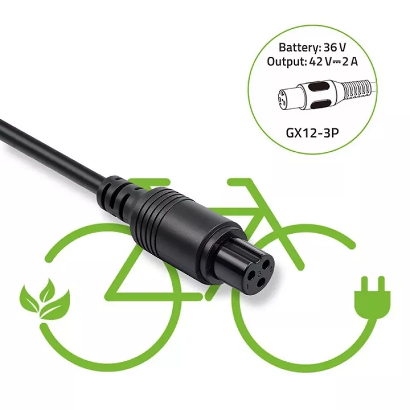 E-dviračio įkroviklis QOLTEC 36V–42V 2A su GX12 3 kontaktų jungtimi