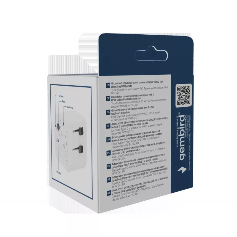 Keliaujantis maitinimo adapteris GEMBIRD TPA-EU1A1C20-01-W 20W, USB-A 18W + USB-C 20W, Schuko kištukas, įėjimas 100–250V