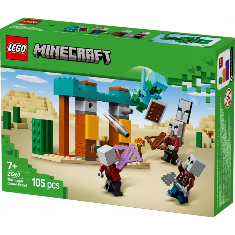 LEGO statybinis rinkinys „The Illager Desert Patrol 21267“ – Minecraft žaidimų rinkinys, 105 detalės, 4 minifigūrėlės, 80×60×110 mm