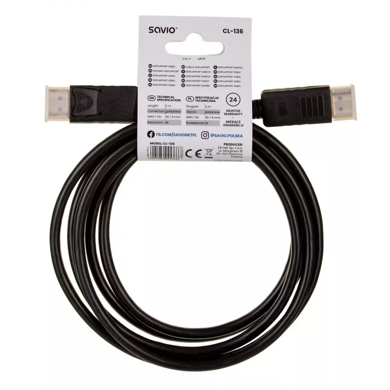 DisplayPort kabelis SAVIO CL-136, DisplayPort kištukas–kištukas, 2 m, DP 1.2, auksuoti kontaktai, juodas
