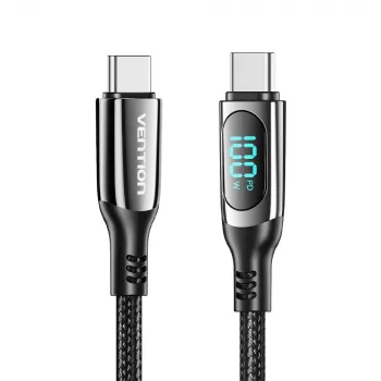 Vention USB 2.0 C vyriškas į C vyrišką 5A laidas su LED ekranu, medvilninis pynimas, 1,2 m, juodas, cinko lydinio tipas