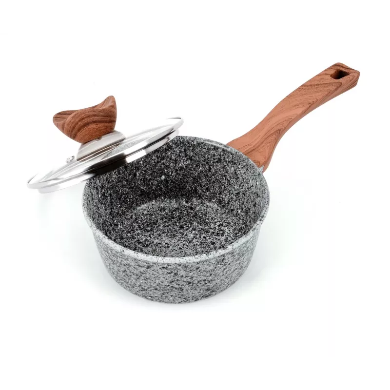 PROMIS granito puodų rinkinys, 16 cm kastrulis ir 20, 24, 28 cm puodai, rudi kotai