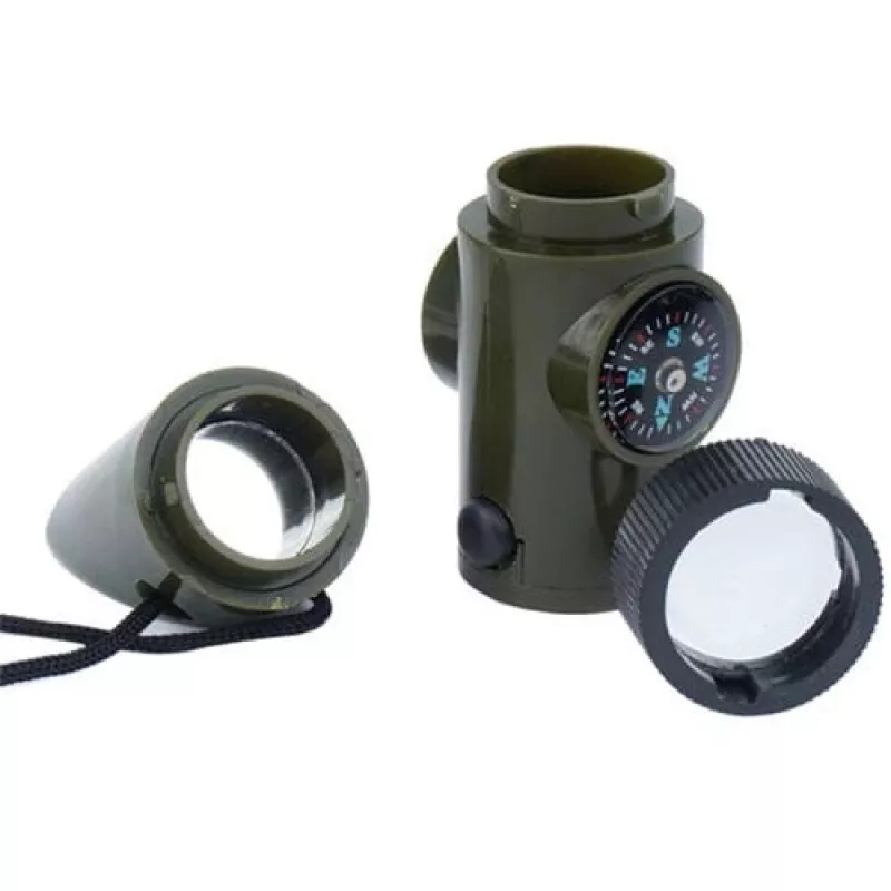Daugiafunkcis išgyvenimo švilpukas Mil-Tec SP.22073 — 6 viename alyvuogių, kompasas, termometras, veidrodis, didinamasis stiklas, šviesa, 100×35×30 mm