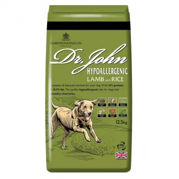 Sausas šunų ėdalas Dr. John Hypoallergenic ėriena su ryžiais 12,5 kg – suaugusiems, baltymai 21%, riebalai 10,5%