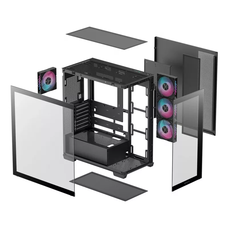 Korpusas DeepCool CG580 4F Midi Tower — ATX/MicroATX/ITX, grūdintas stiklas, 3×120 mm + 1×120 mm ventiliatoriai, 2×3.5 colio ir 2×2.5 colio diskų vietos, USB-A×2 USB-C×1, juodas