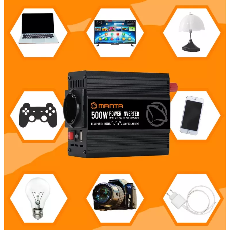 Inverteris MANTA MPI500M 500W nuolatinė / 1000W pikinė DC į AC