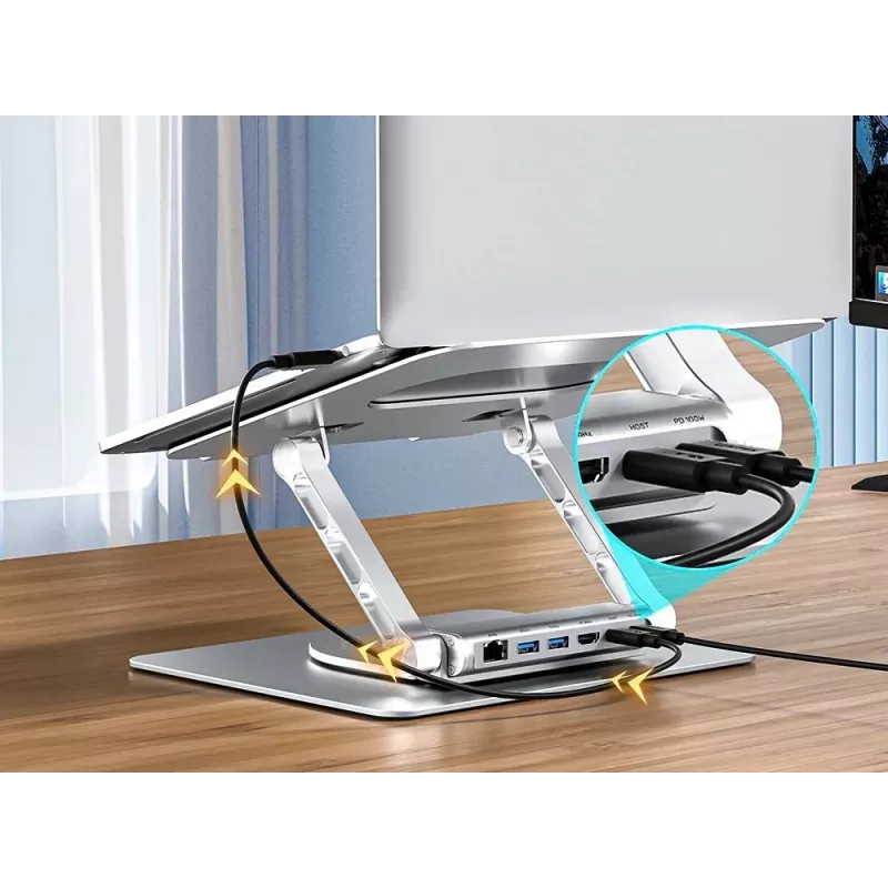 Nešiojamojo kompiuterio stovas Unitek D1109B01 – aliumininis reguliuojamas stovas su atjungiamu USB‑C moduliu, HDMI 4K, PD 100W, 2x USB‑A, RJ‑45, tinka iki 17 colių