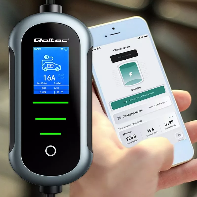 QOLTEC Mobile EV 2in1 Type2 11 kW 400 V Wi-Fi TUYA SMART LIFE LCD nešiojama sieninė dėžutė su 5 m laidu