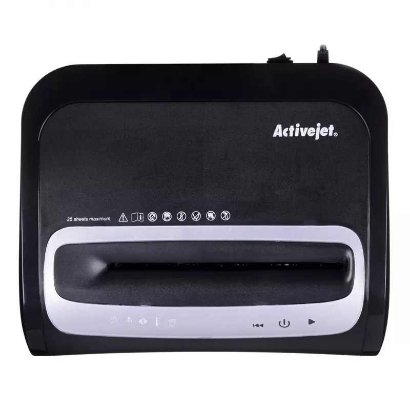 Dokumentų smulkintuvas ActiveJet ASH-2502C — kryžminis pjovimas P-4, 25 lapų, 4x40 mm, 28 L krepšelis, 22,8 cm padavimas, 30 min darbo ciklas